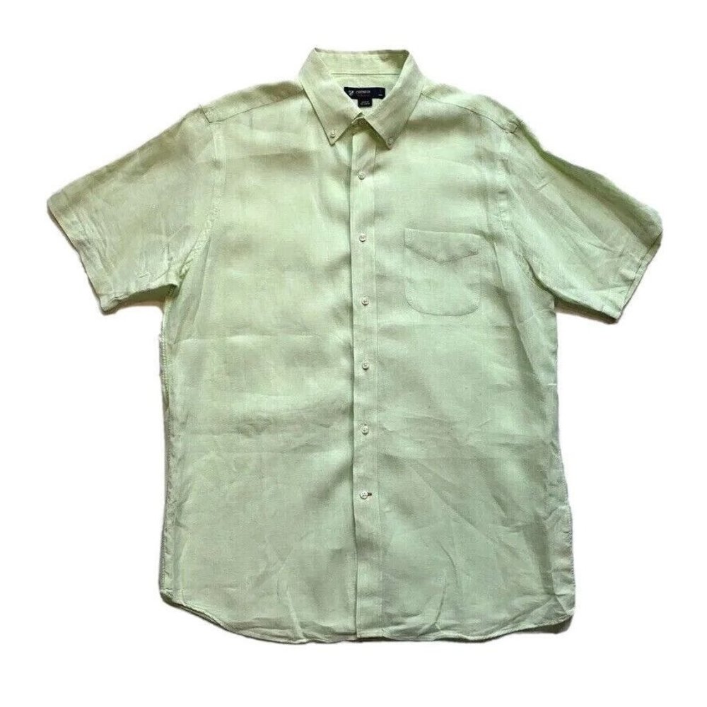 Cremieux 100% Linen Shirt Mens Large Button Down Short Sleeve Green Beach Summer